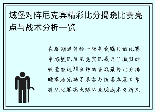 域堡对阵尼克宾精彩比分揭晓比赛亮点与战术分析一览