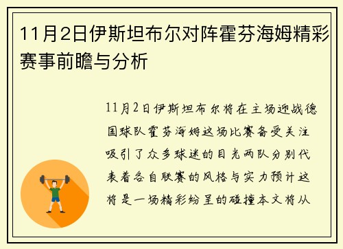 11月2日伊斯坦布尔对阵霍芬海姆精彩赛事前瞻与分析