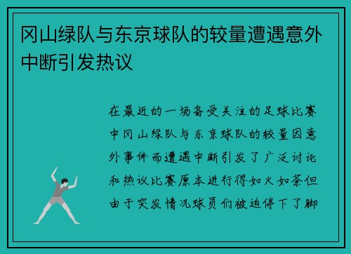 冈山绿队与东京球队的较量遭遇意外中断引发热议