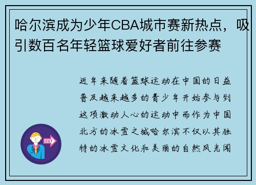 哈尔滨成为少年CBA城市赛新热点，吸引数百名年轻篮球爱好者前往参赛