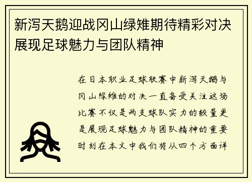 新泻天鹅迎战冈山绿雉期待精彩对决展现足球魅力与团队精神