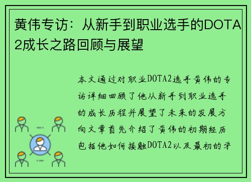 黄伟专访：从新手到职业选手的DOTA2成长之路回顾与展望