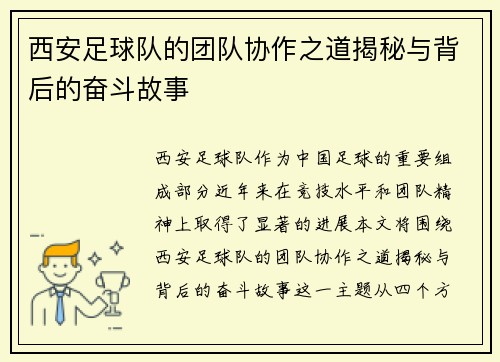 西安足球队的团队协作之道揭秘与背后的奋斗故事
