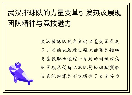 武汉排球队的力量变革引发热议展现团队精神与竞技魅力