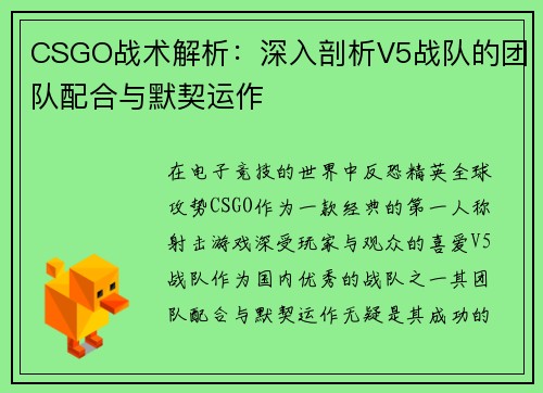 CSGO战术解析：深入剖析V5战队的团队配合与默契运作